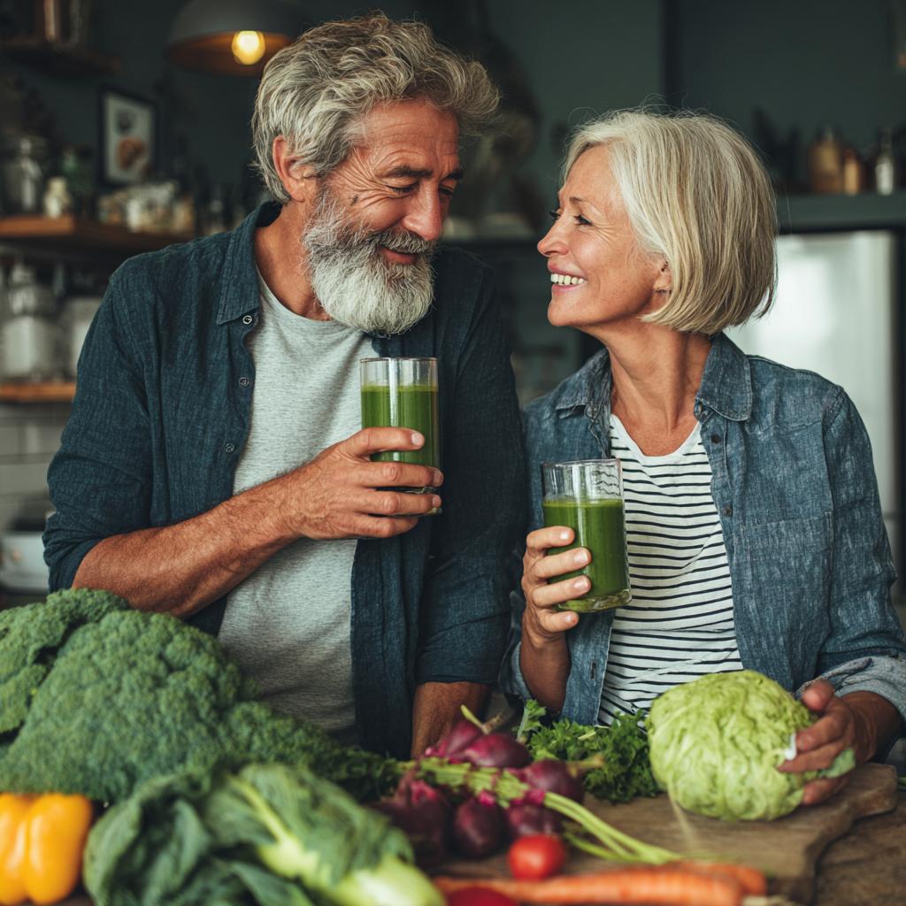 Middle-aged person practicing holistic wellness routine with healthy foods and natural environment
